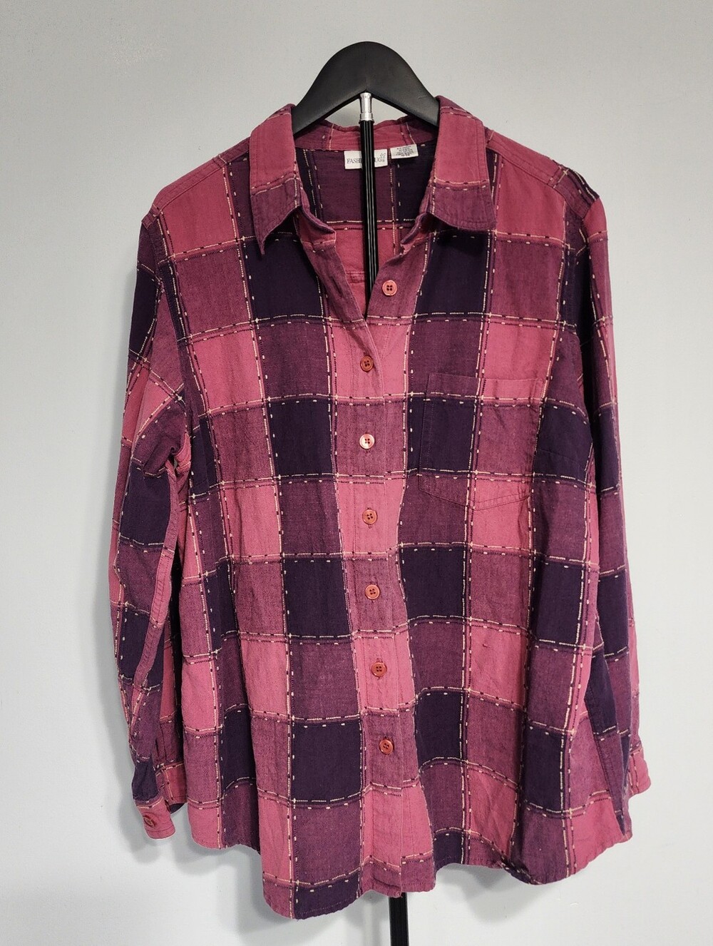 VTG 90s Fashion Bug Patchwork Style Plaid Button Up Pink & Purple Country Grunge